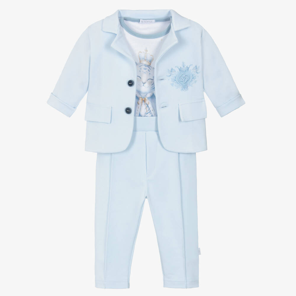 Sofija-Boys Blue & White Cotton Jersey Monogram Logo Suit | Childrensalon