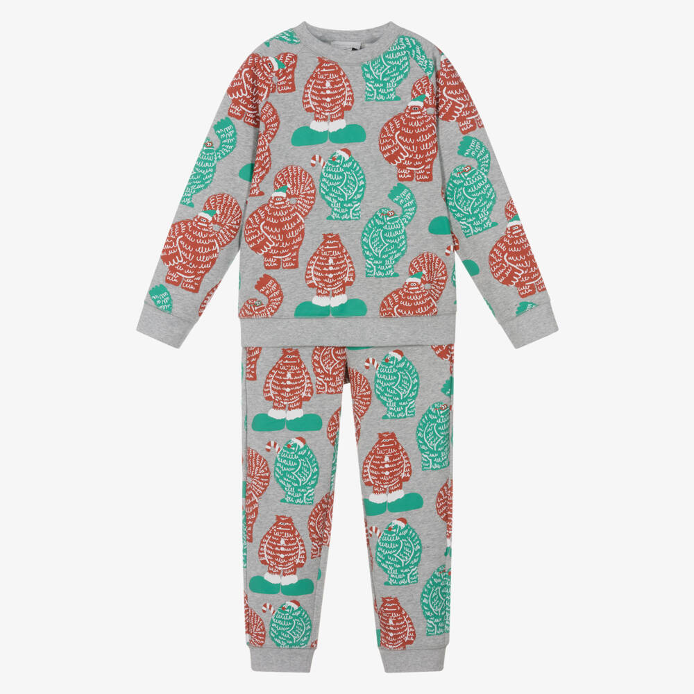 Stella McCartney Kids-Grey Cotton Tracksuit with Christmas Yeti Print | Childrensalon