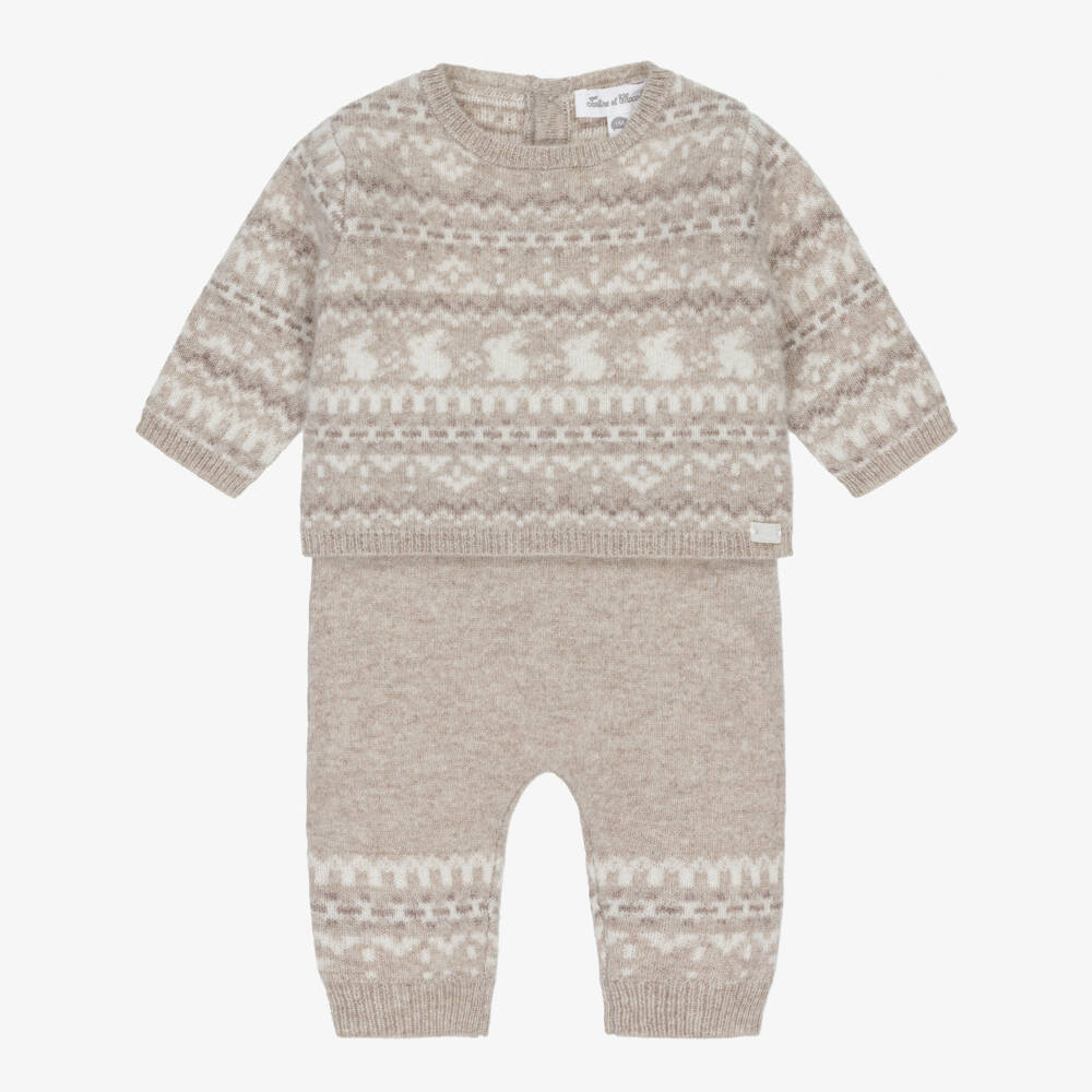 Tartine et Chocolat-Baby Boys Beige Wool & Cashmere Knit Bunny Trouser Set | Childrensalon