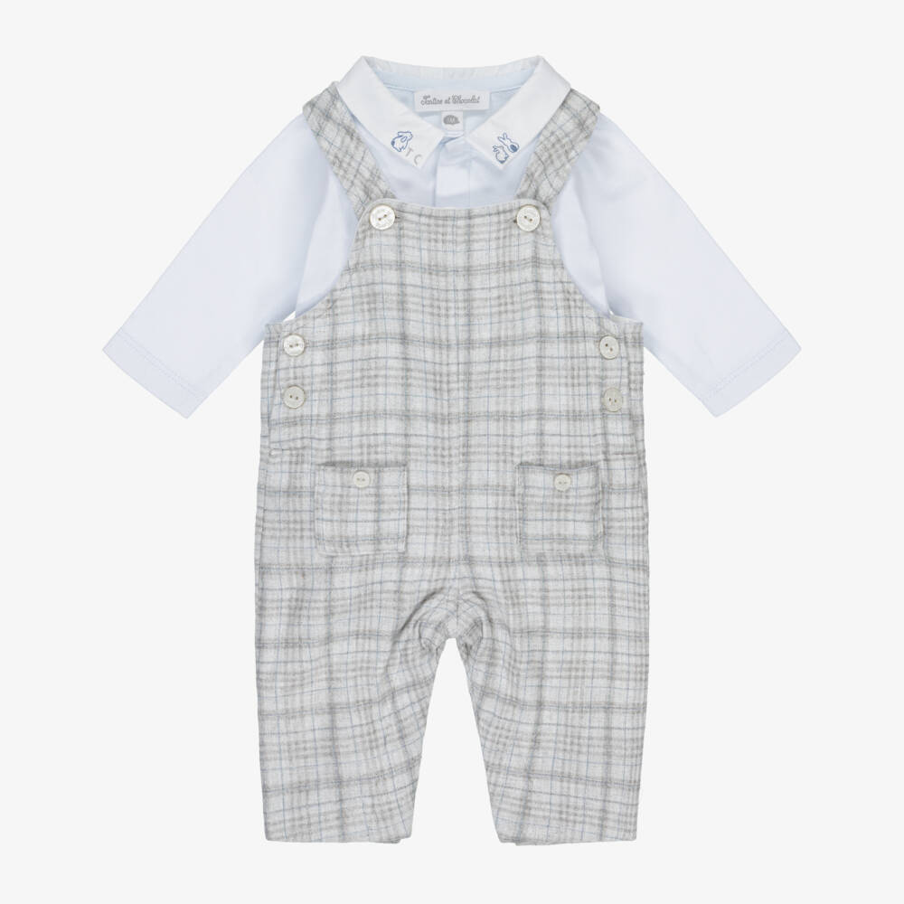 Tartine et Chocolat-Baby Boys Blue & Grey Check Cotton Dungarees Set | Childrensalon