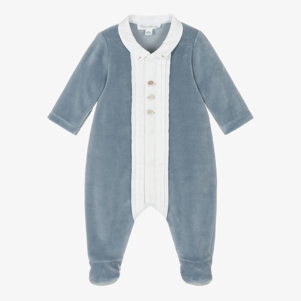 Tartine et Chocolat-Boys Blue Velour Hedgehog Babygrow | Childrensalon