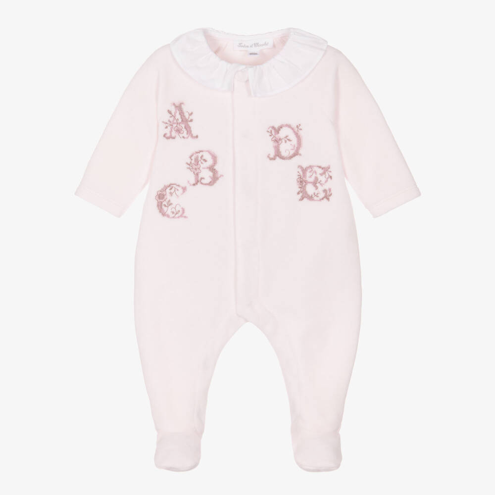 Tartine et Chocolat-Girls Pink Velour Babygrow with Alphabet Letters | Childrensalon