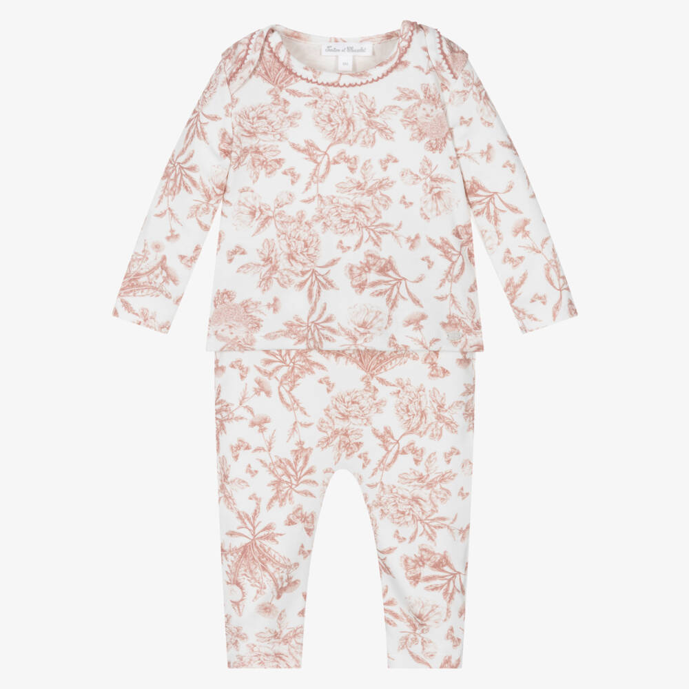 Tartine et Chocolat-Ivory & Pink Toile Du Jouy Cotton Baby Pyjamas | Childrensalon