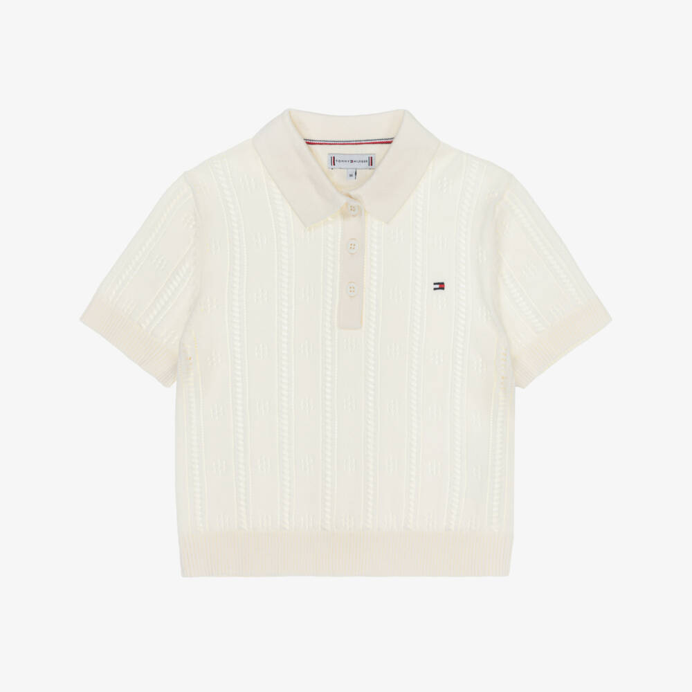 Tommy Hilfiger-Girls Ivory Cotton Pointelle Knit Polo Shirt | Childrensalon
