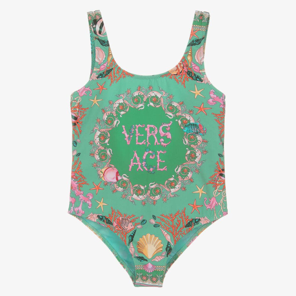 Versace-Junior Girls Green Underwater Barocco Print Swimsuit | Childrensalon